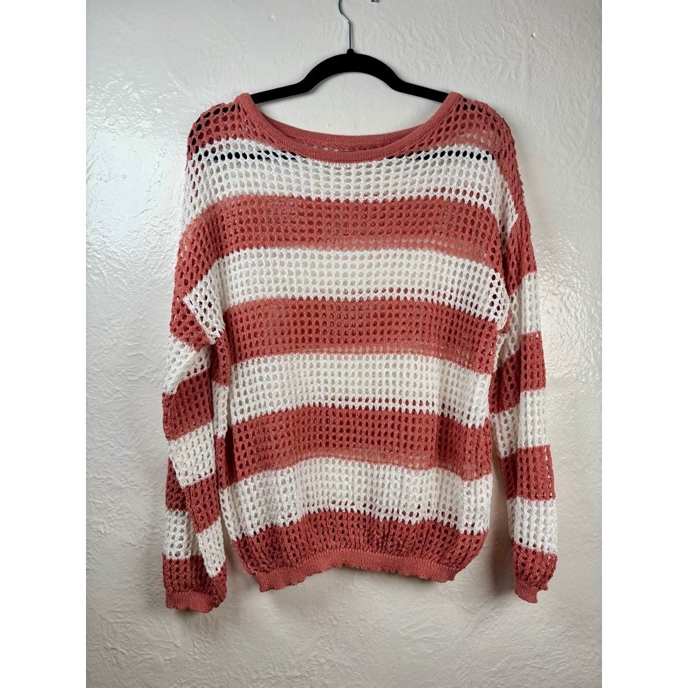 Crochet Sweater Medium Rust White Striped Open Knit Coastal Fisherman Coverup